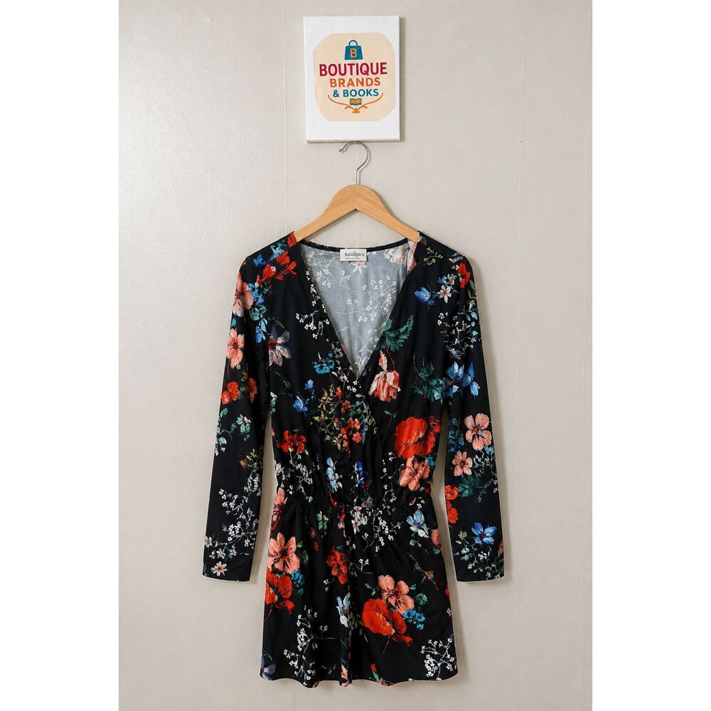 Kayleigh Black Floral Long-Sleeve Wrap Romper Multicolor Women’s